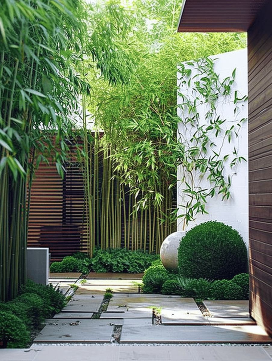 Tall bamboo plants dominate the landscape of this modern garden, their slender trunks and lush foliage adding vertical drama to the structured design of trimmed shrubs, geometric path stones, and smooth spherical accents ar 3:4