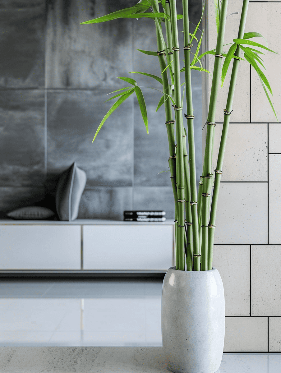 Tall bamboo shoots stand inside a sleek, tall, and beautiful vase with a smooth stone finish, positioned against a modern backdrop of a monochromatic room with concrete and tiled walls ar 3:4