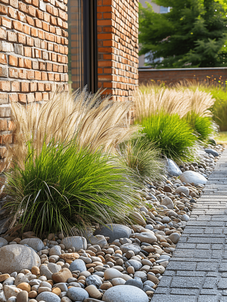 Tall ornamental grasses punctuate a bed of smooth river rocks along a cobblestone pathway, against the side of a building with a brick exterior ar 3:4