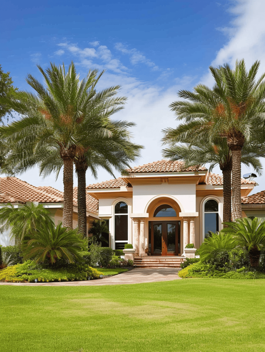 Tall palm trees tower over a luxurious house with a terracotta roof and large arched doorway, set against a neatly manicured lawn and a clear sky with wispy clouds ar 3:4