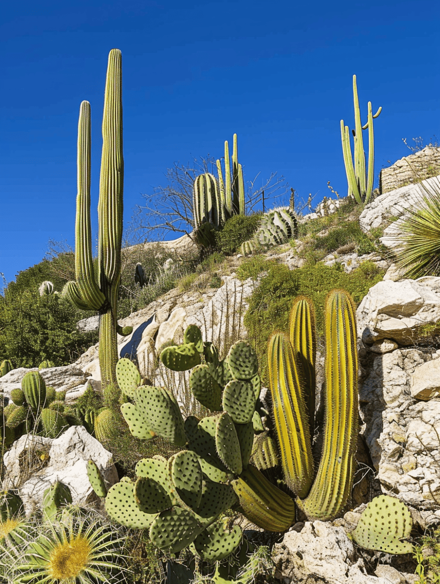 Tall saguaro cacti and prickly pears dot a rocky hillside under a clear blue sky, showcasing the rugged beauty of a desert landscape ar 3:4