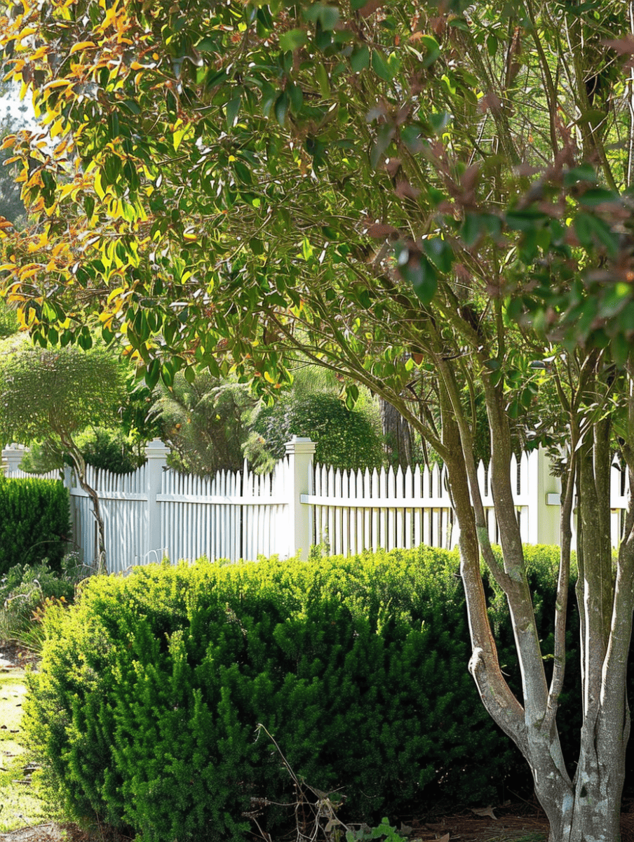 Tall trees with leaves transitioning from green to hints of yellow and red stand before a neat, dense hedge, all backed by a classic white picket fence in a serene suburban landscape ar 3:4