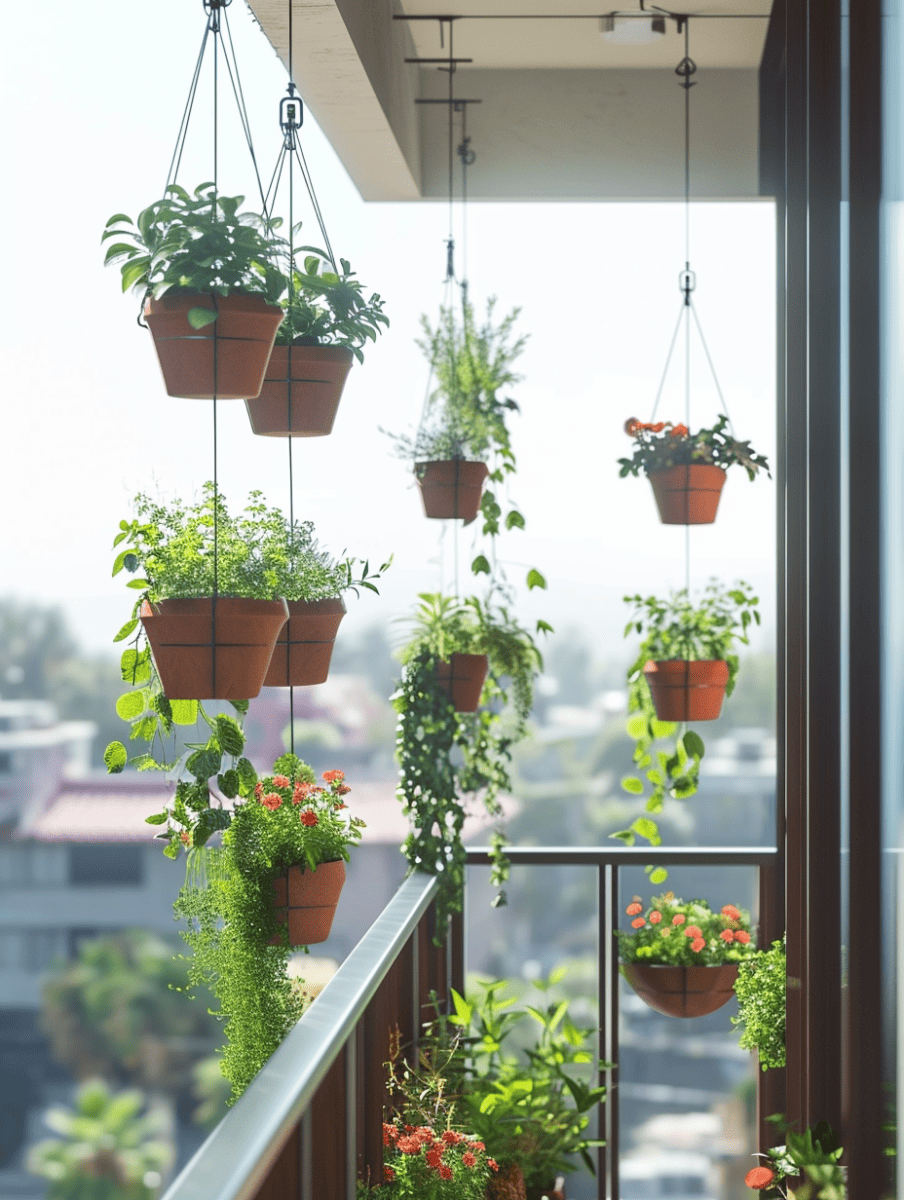 Terracotta pots with a variety of hanging plants are suspended at different heights along a balcony railing, adding a cascading natural element to the urban view beyond ar 3:4