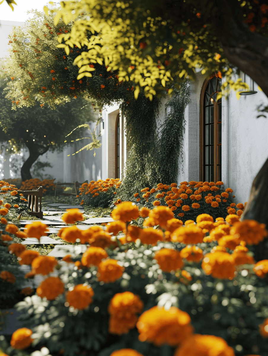 The ground is blanketed with a vibrant cover of marigolds, their bright orange blooms creating a striking contrast against the white walls and green vines of the surrounding architecture ar 3:4