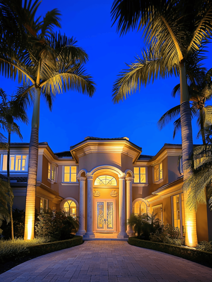 The warm glow of a luxurious house's exterior lighting accentuates its grand entrance and columned portico, flanked by silhouetted palm trees against the deep blue twilight sky ar 3:4