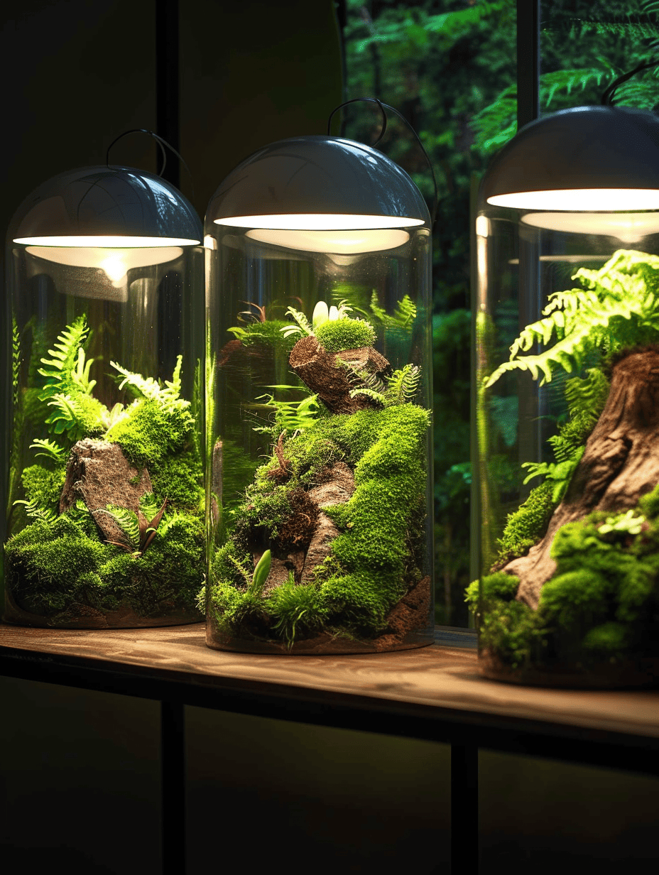 Three cylindrical terrariums with overhead lighting display lush moss, ferns, and textured stones, arranged on a wooden shelf to create a serene, verdant indoor garden atmosphere ar 3:4