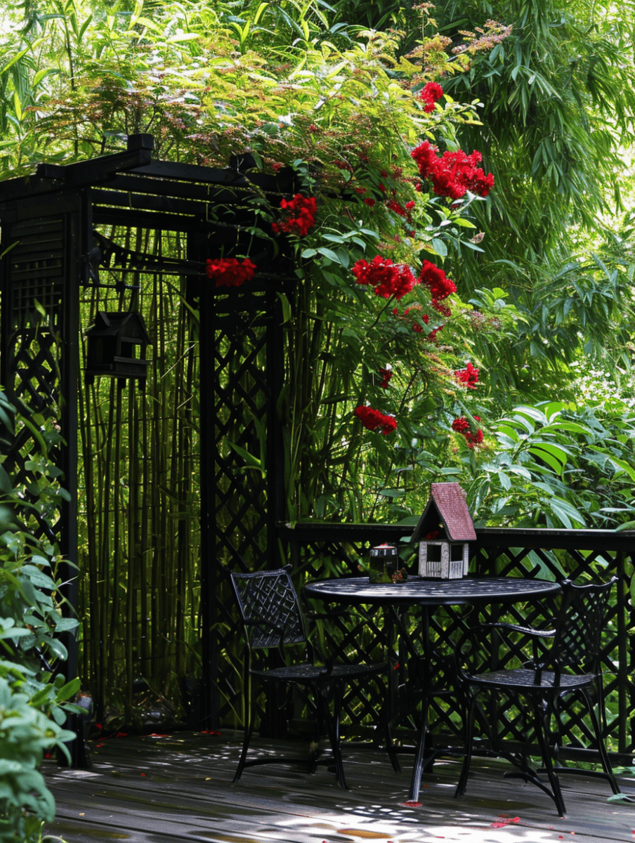 Tucked away in a lush garden, a charming birdhouse stands on a black pergola adorned with vivid red flowers, next to a wrought-iron table and chair set on a shaded wooden deck ar 3:4