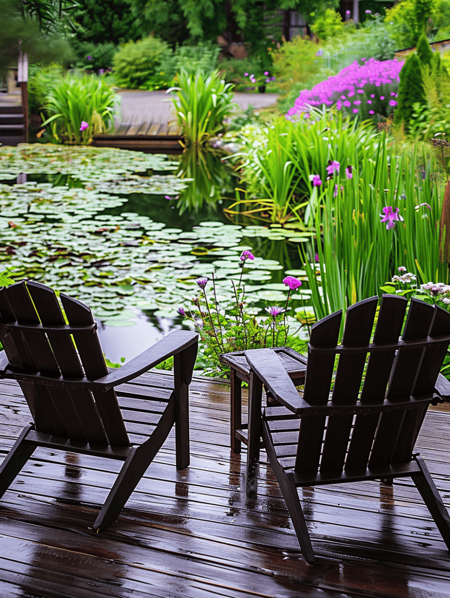 Two dark wooden Adirondack chairs face a tranquil pond covered in lily pads, with vibrant floral landscaping in the background, situated on a wet wooden deck, suggesting a recent rainfall ar 3:4