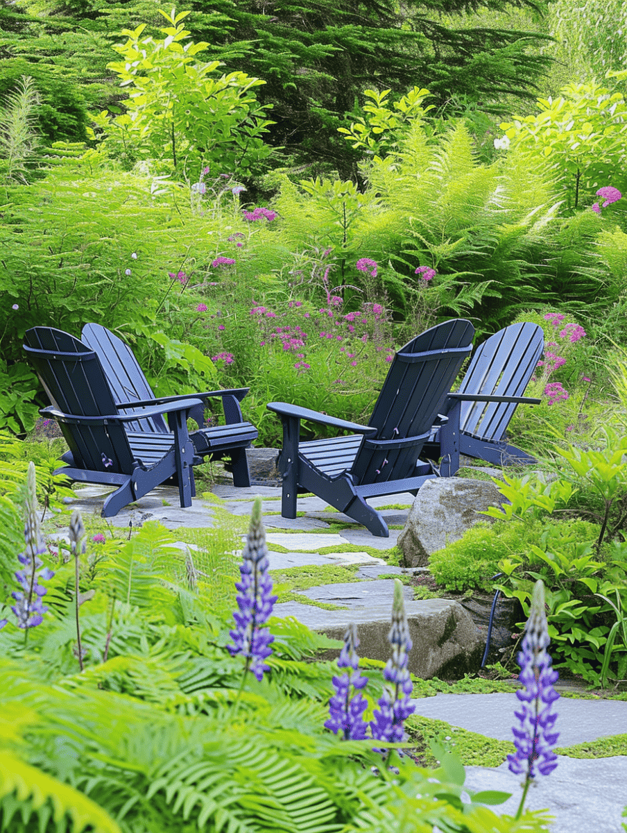 Two navy blue Adirondack chairs rest on a stone patio amidst a vibrant garden with lush ferns, purple flowers, and a backdrop of green foliage, creating a serene outdoor retreat ar 3:4