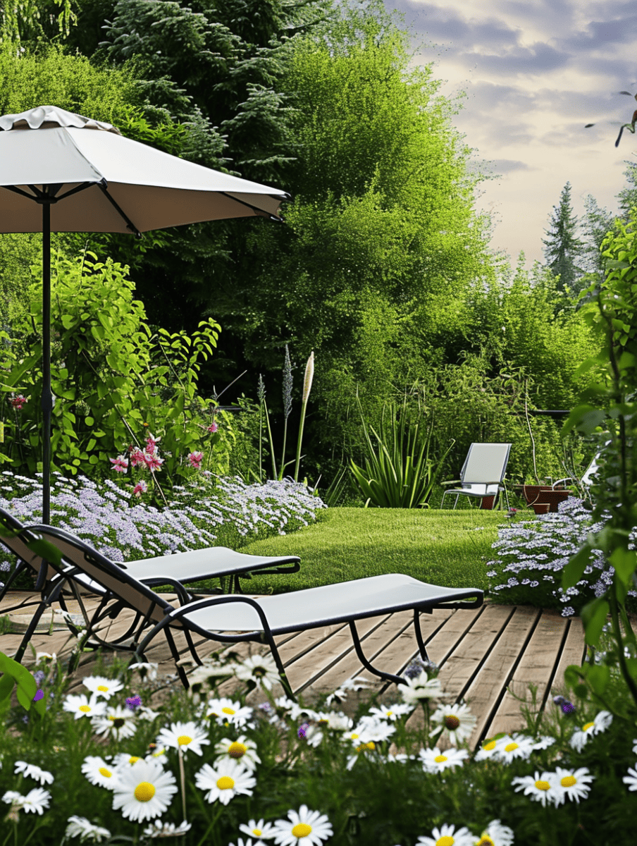 Two sun loungers sit under a parasol on a wooden deck surrounded by a lush garden with blooming flowers, offering a tranquil spot for relaxation and enjoyment of the natural surroundings ar 3:4