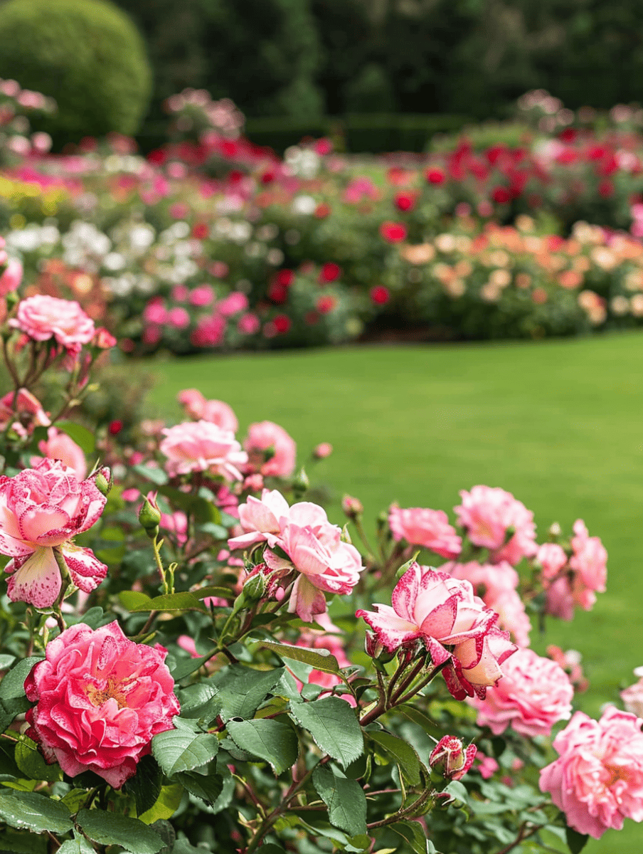 Two-toned roses with pink petals edged in a lighter hue are prominently displayed against a soft-focus background of a diverse rose garden ar 3:4