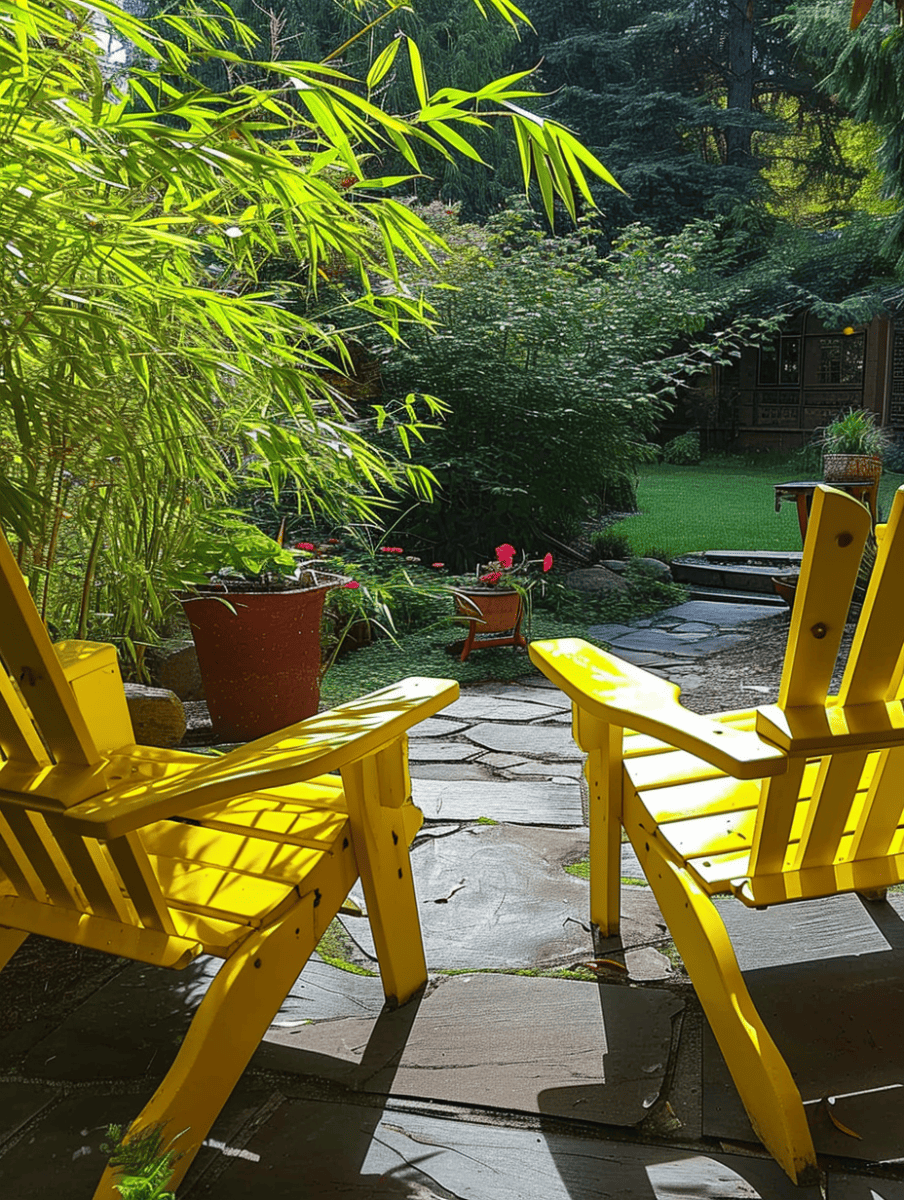 Two vibrant yellow Adirondack chairs frame a view of a sunlit garden with potted bamboo and flowering plants, inviting relaxation ar 3:4