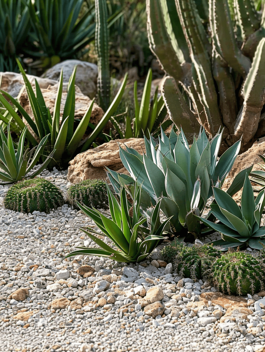 In a desert garden, various cacti and succulents including pointed agave plants and spherical cacti are arranged among pebbles and rocks, creating a textured and diverse xeriscape ar 3:4