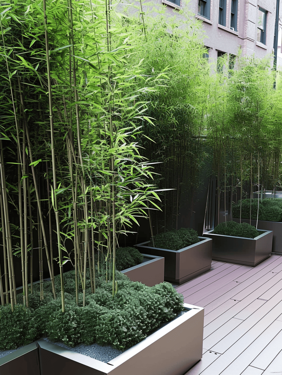 Varying height containers line a wooden deck, with taller ones holding bamboo that stretches upwards and shorter ones filled with dense, low-lying shrubs, creating a multi-layered green space ar 3:4