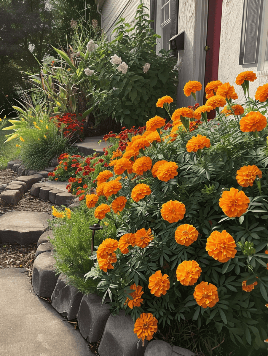 Vibrant orange marigolds bloom profusely near a stone-lined pathway leading to a house's entrance, contrasting with the green foliage and other colorful garden flowers ar 3:4