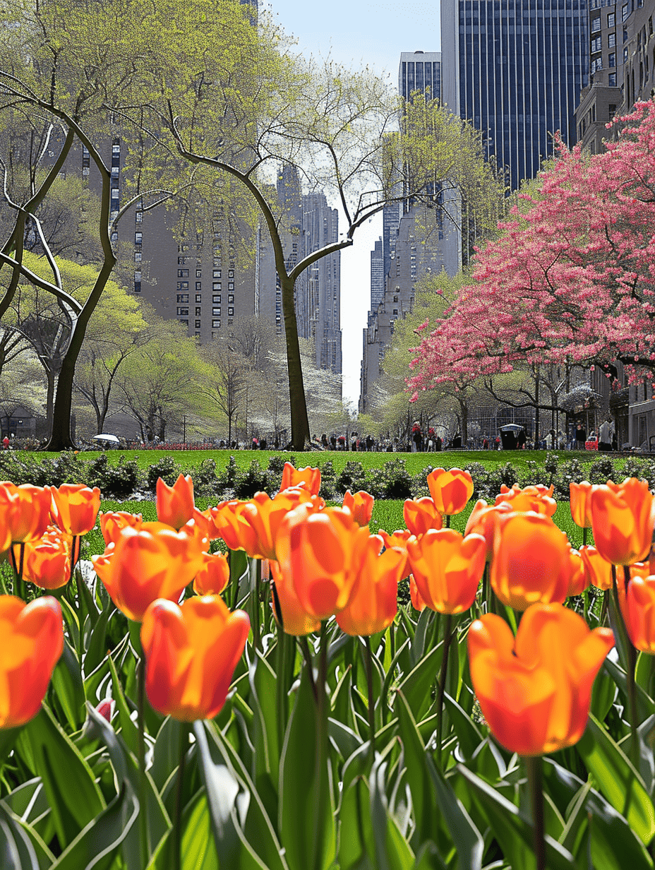 Vibrant orange tulips in full bloom in the foreground with the bustling street of a cityscape and budding green trees in the background ar 3:4