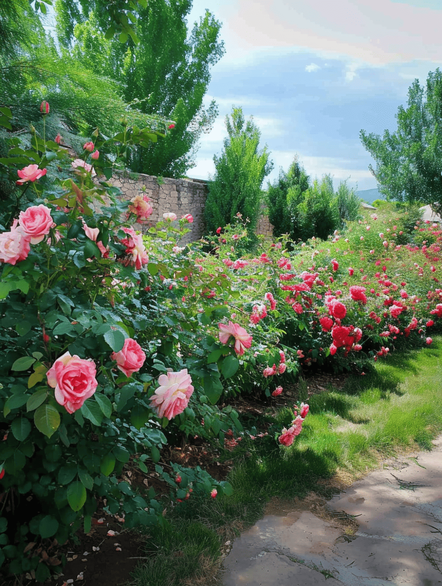 Vibrant pink roses with yellow centers serve as border plants along a garden path, leading the eye through a lush landscape of assorted roses and greenery under a partly cloudy sky ar 3:4
