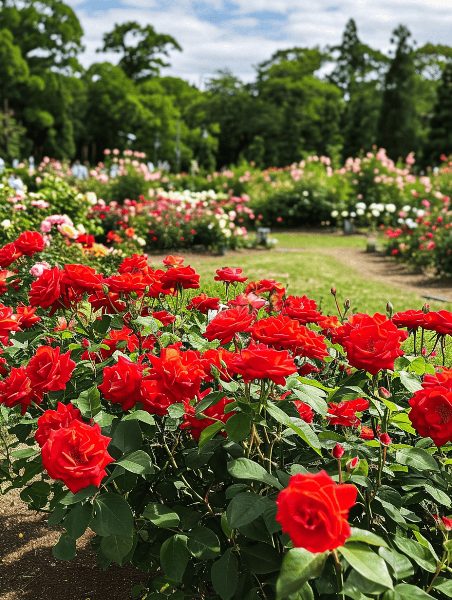 Vibrant rivers of red roses flow through a sprawling garden, creating a vivid contrast against the softer pastel blooms in the background, all under a canopy of lush green trees ar 3:4