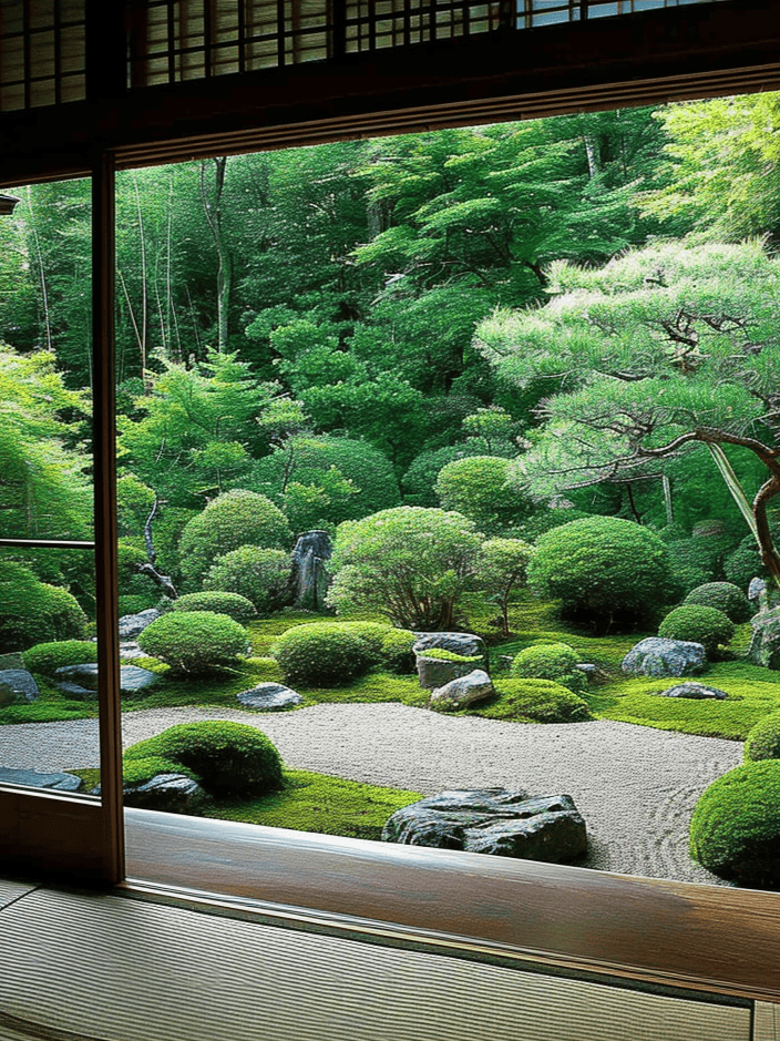 Viewed from a traditional Japanese room, a Zen garden unfolds with moss-covered mounds and carefully placed stones amid raked gravel, offering a harmonious natural landscape ar 3:4