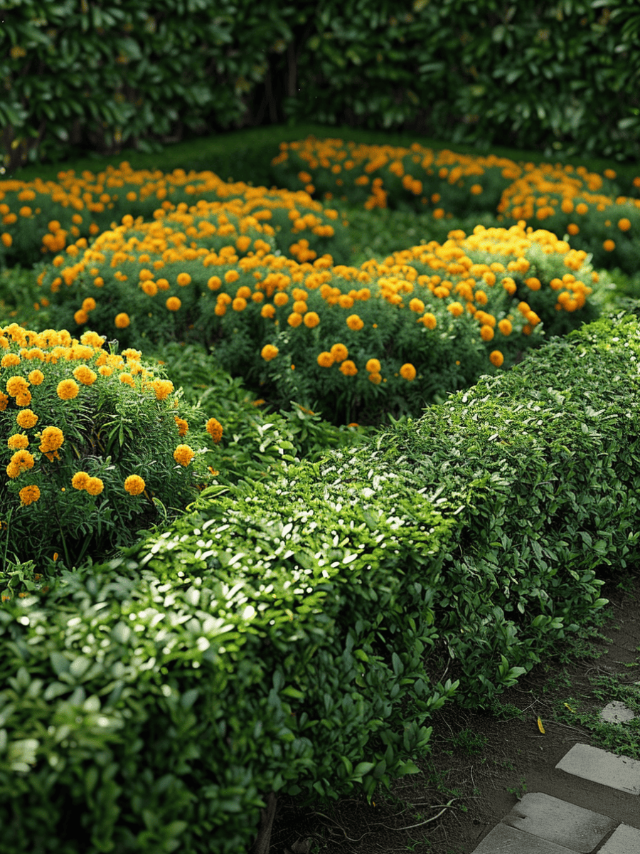 Vivid orange marigolds are densely planted within the structured shapes of garden hedges, creating a striking contrast of color against the lush green backdrop ar 3:4