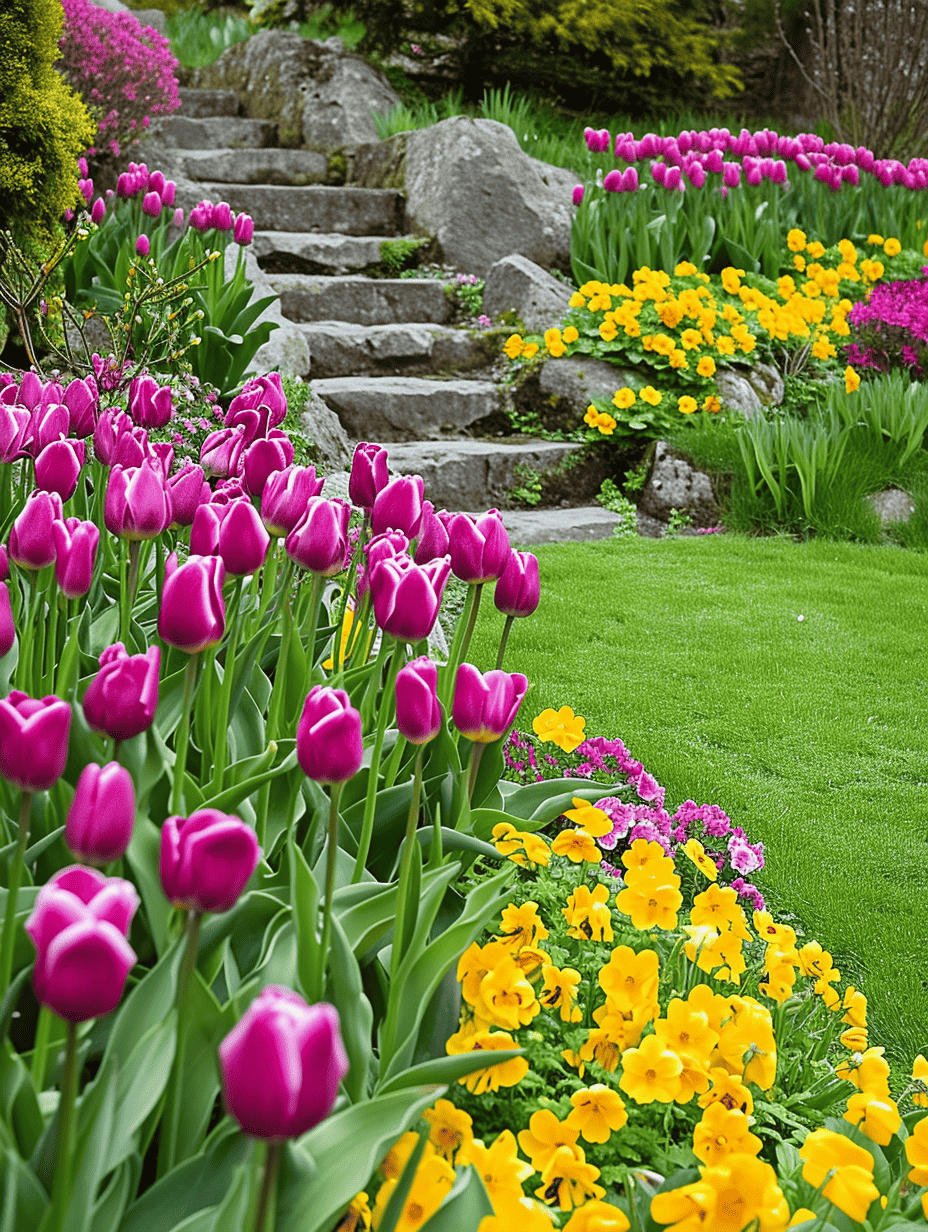 Vivid pink tulips and bright yellow pansies line a lush garden path leading to stone steps, showcasing a harmonious blend of spring colors ar 3:4