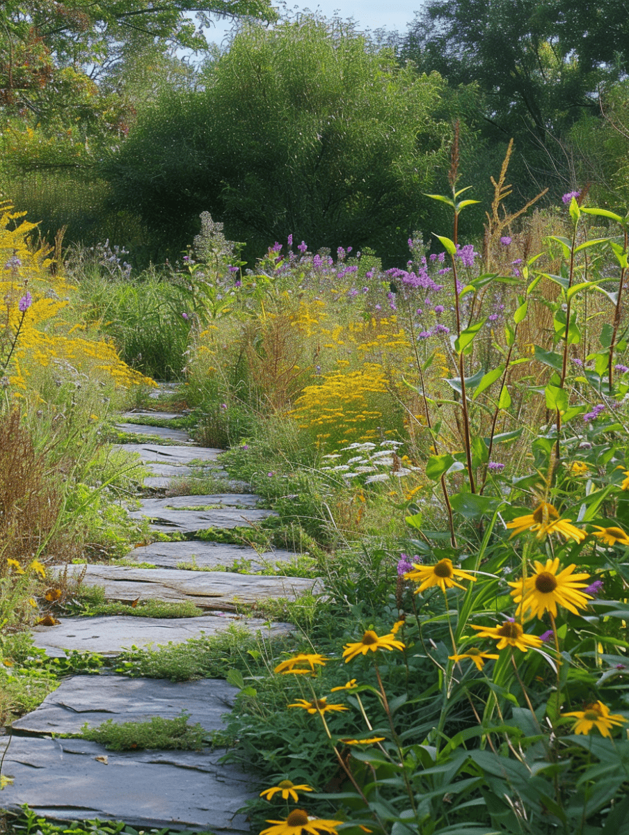 Wildflower garden path qith slate stepping stones and towering yellow goldenrods. --ar 3:4