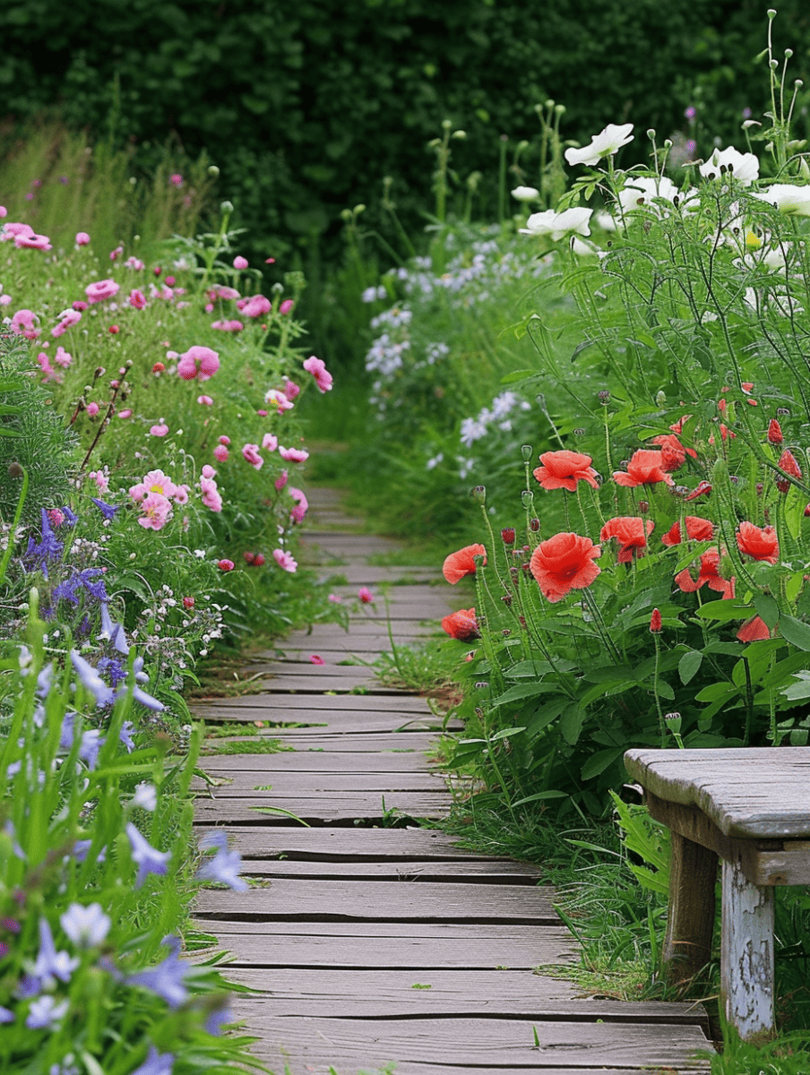 A narrow deck path of weathered wood planks meanders through a riot of red poppies and wild grasses, with a hint of bluebells. --ar 3:4