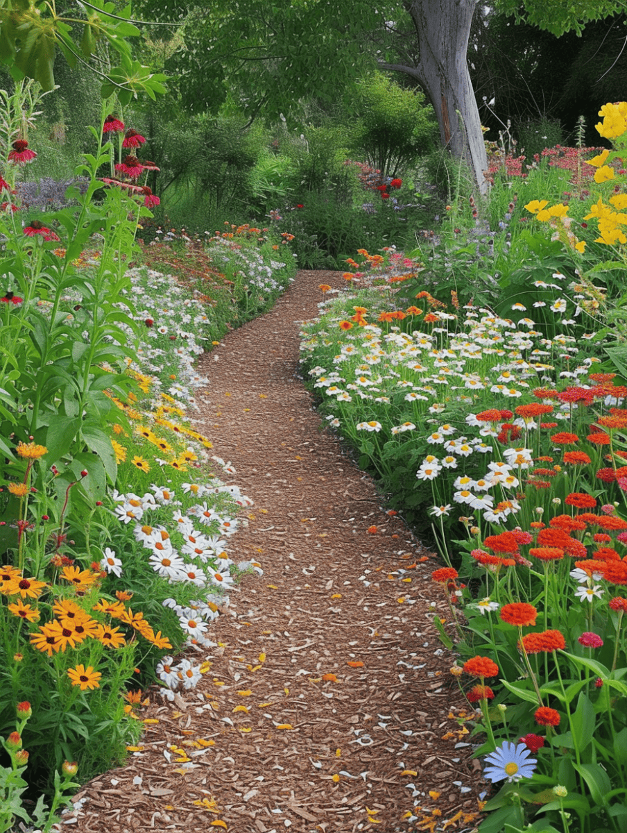 Woodchip garden path surrounded by a riot of colorful wildflowers, leading through an enchanting summer garden. --ar 3:4