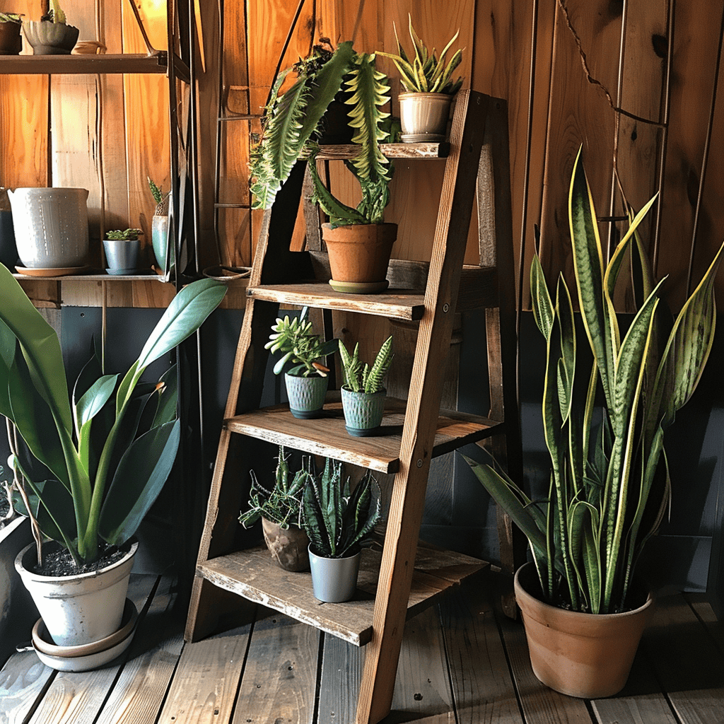 A wooden ladder with different species of plants 