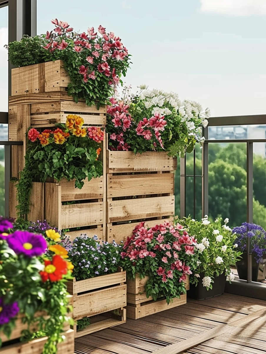 Wooden crates cleverly repurposed as planters create a multi-level display of vibrant flowers and lush greenery, bringing a burst of color and life to a sunlit balcony space ar 3:4
