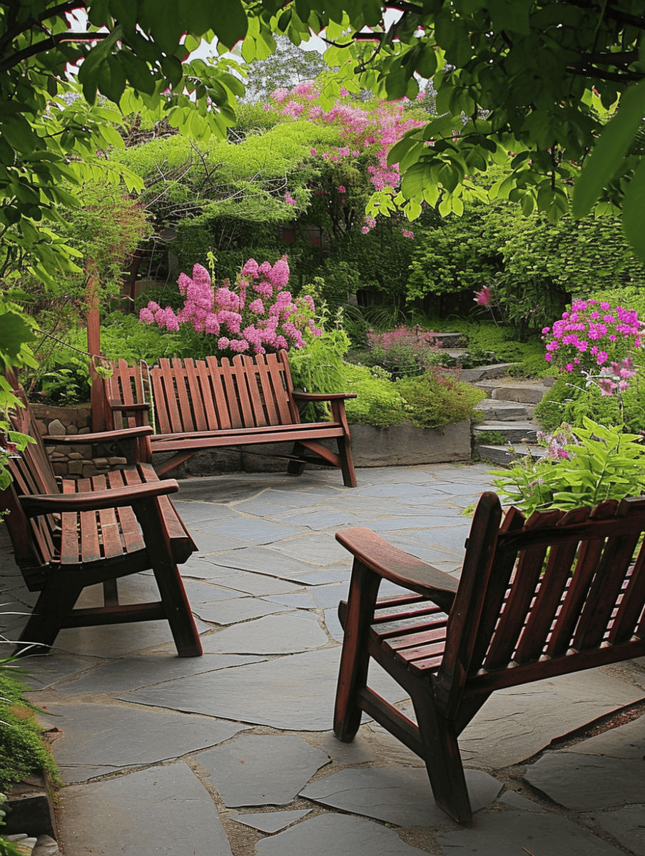 Wooden garden benches sit on a flagstone patio amidst lush landscaping with vibrant pink flowers and cascading greenery, creating a serene and picturesque outdoor retreat ar 3:4