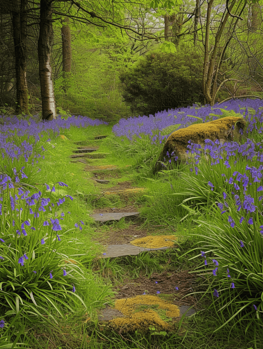 Woodland garden path meandering through a carpet of bluebells, with moss-covered stones. --ar 3:4