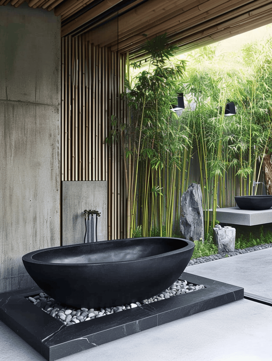 This Zen-inspired bathroom features a sleek black bathtub surrounded by smooth pebbles, with bamboo gracefully framing the tranquil space ar 3:4