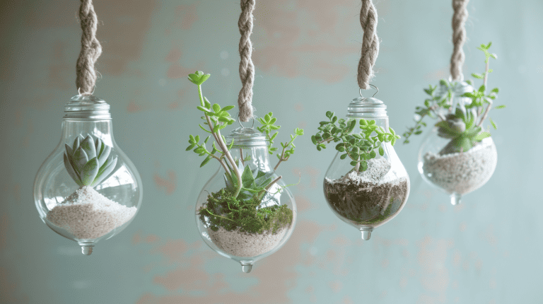Hanging bulb terrarium succulent planters. Clear old light bulbs, repurposed into airy terrariums, delicately filled with fine white sand, tiny succulents, and moss, suspended from a slender rope against a soft, pastel wall, Budget-Friendly Secrets for Growing Your Succulent Collection - 1600x900