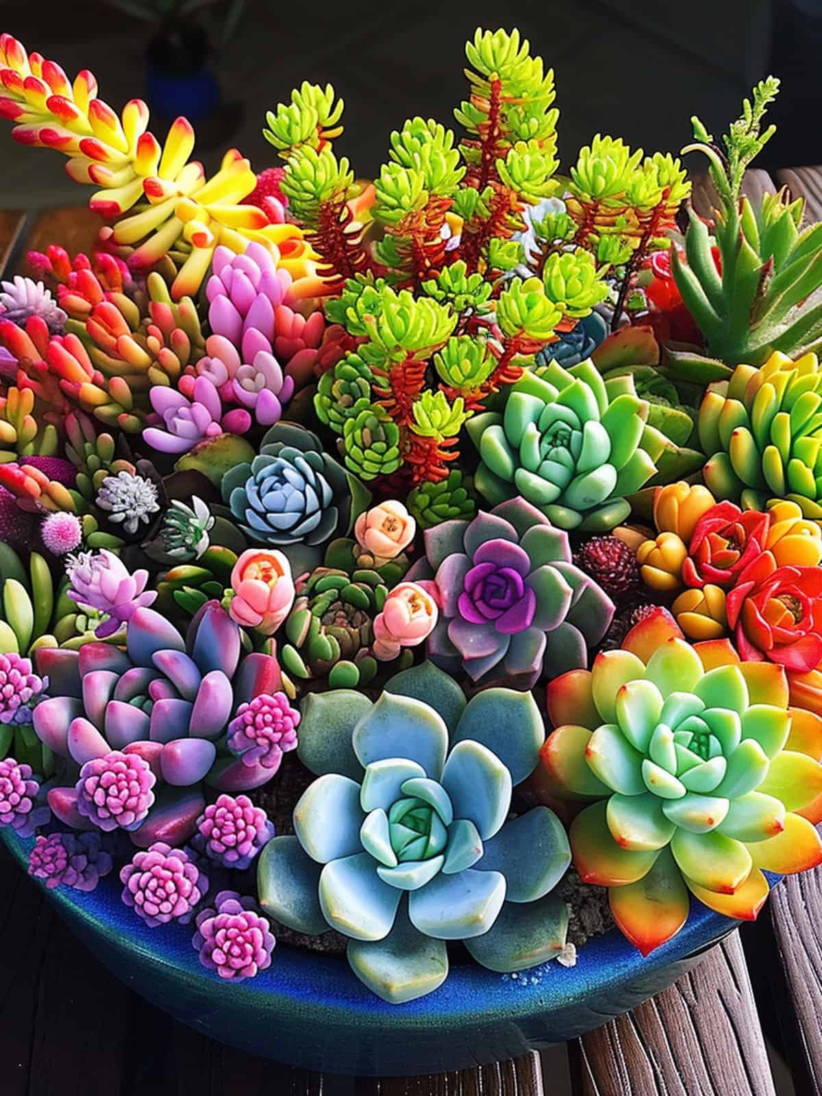 Different bright and vivid colored leaves of succulents