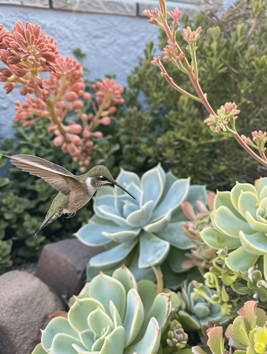 a humming bird hovering over patio with succulents including echeverias