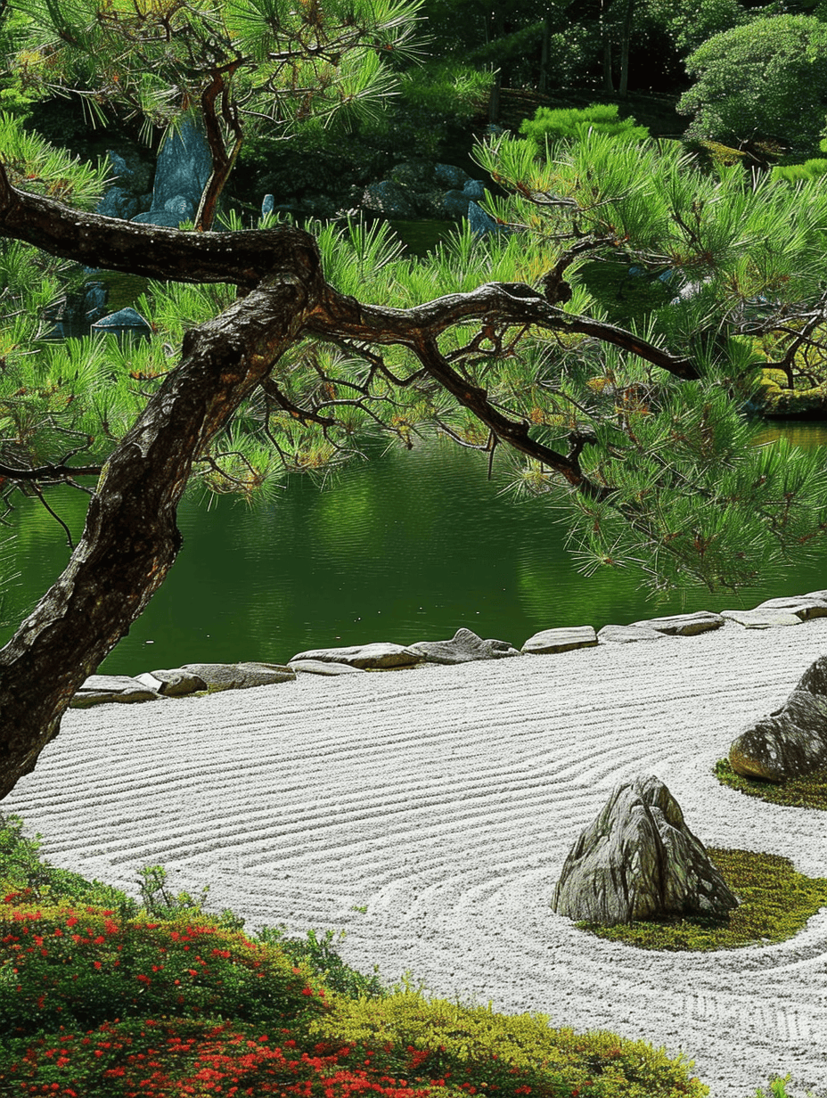Serene beauty of a Zen garden with a meticulously raked sand pattern, punctuated by rocks and lush greenery, framed by the elegant silhouette of a pine branch, with a tranquil pond in the background ar 3:4
