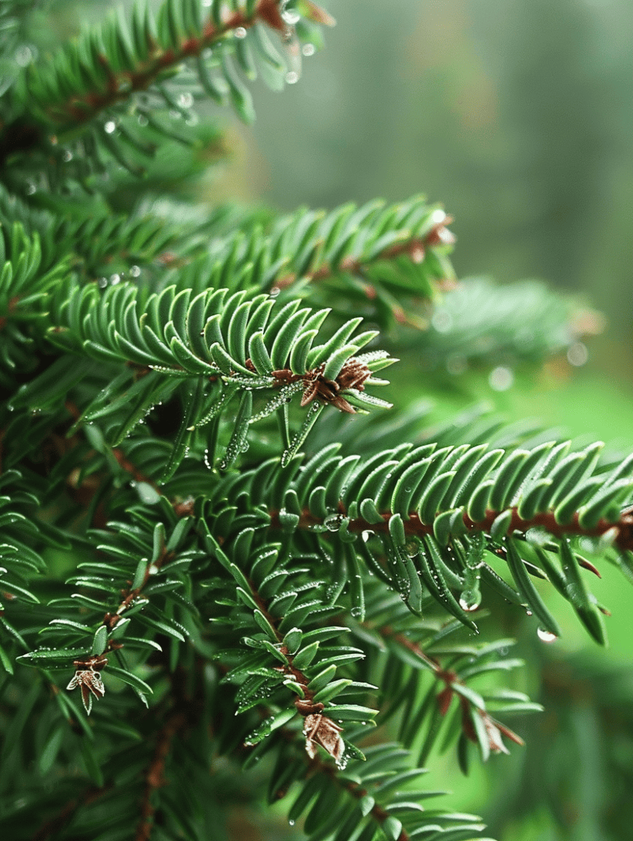 Close-up of Dwarf Algerian Fir needles with morning dew. Set against a softly blurred forest backdrop ar 3:4