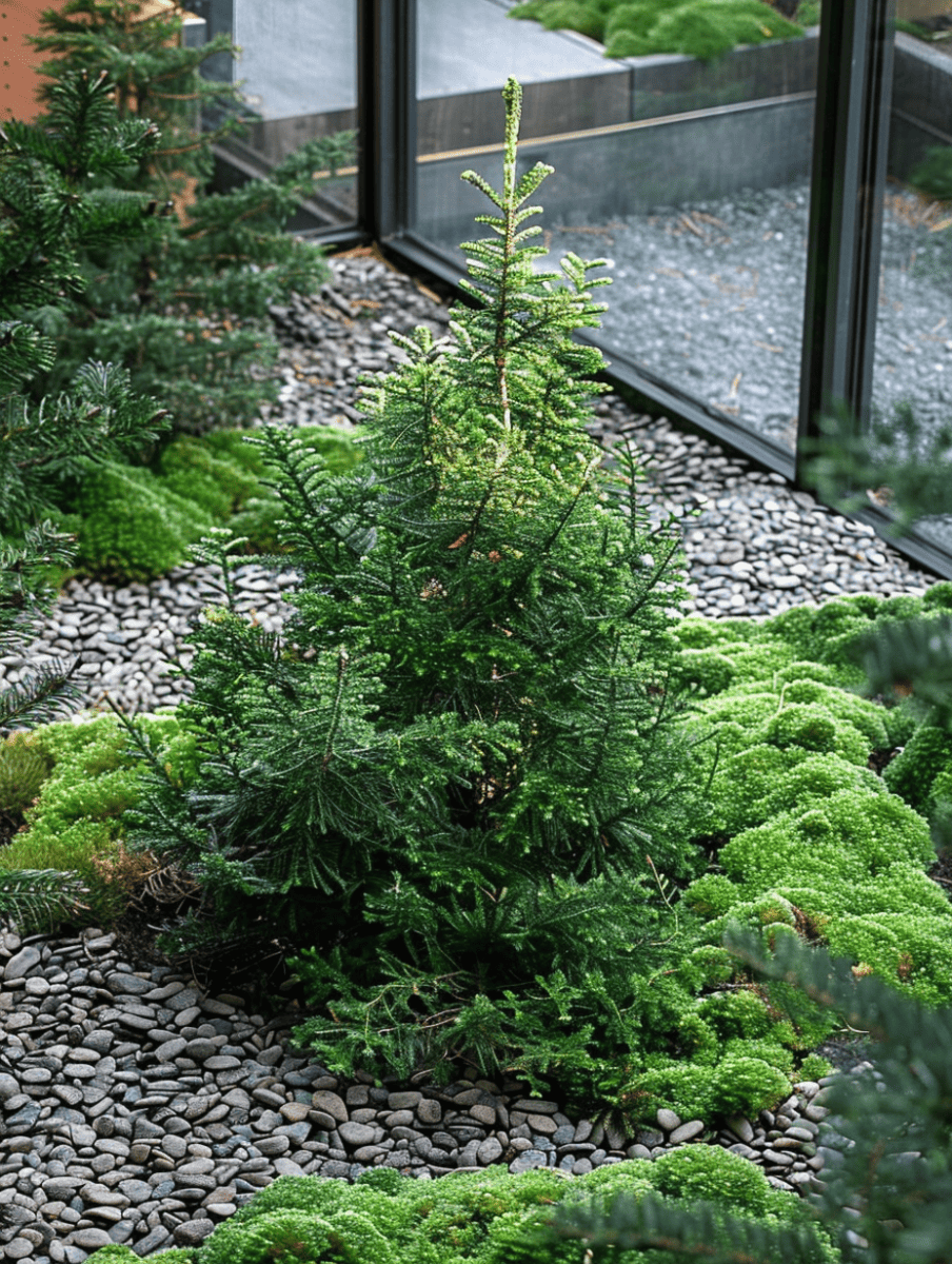 Dwarf Canadian Hemlock in an urban courtyard garden. Accented with polished river stones and surrounded by soft moss and low lighting for ambiance ar 3:4