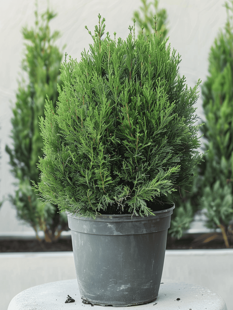 Dwarf Lawson Cypress in a nursery pot. Ready for planting in a home garden with a focus on evergreen landscaping ar 3:4
