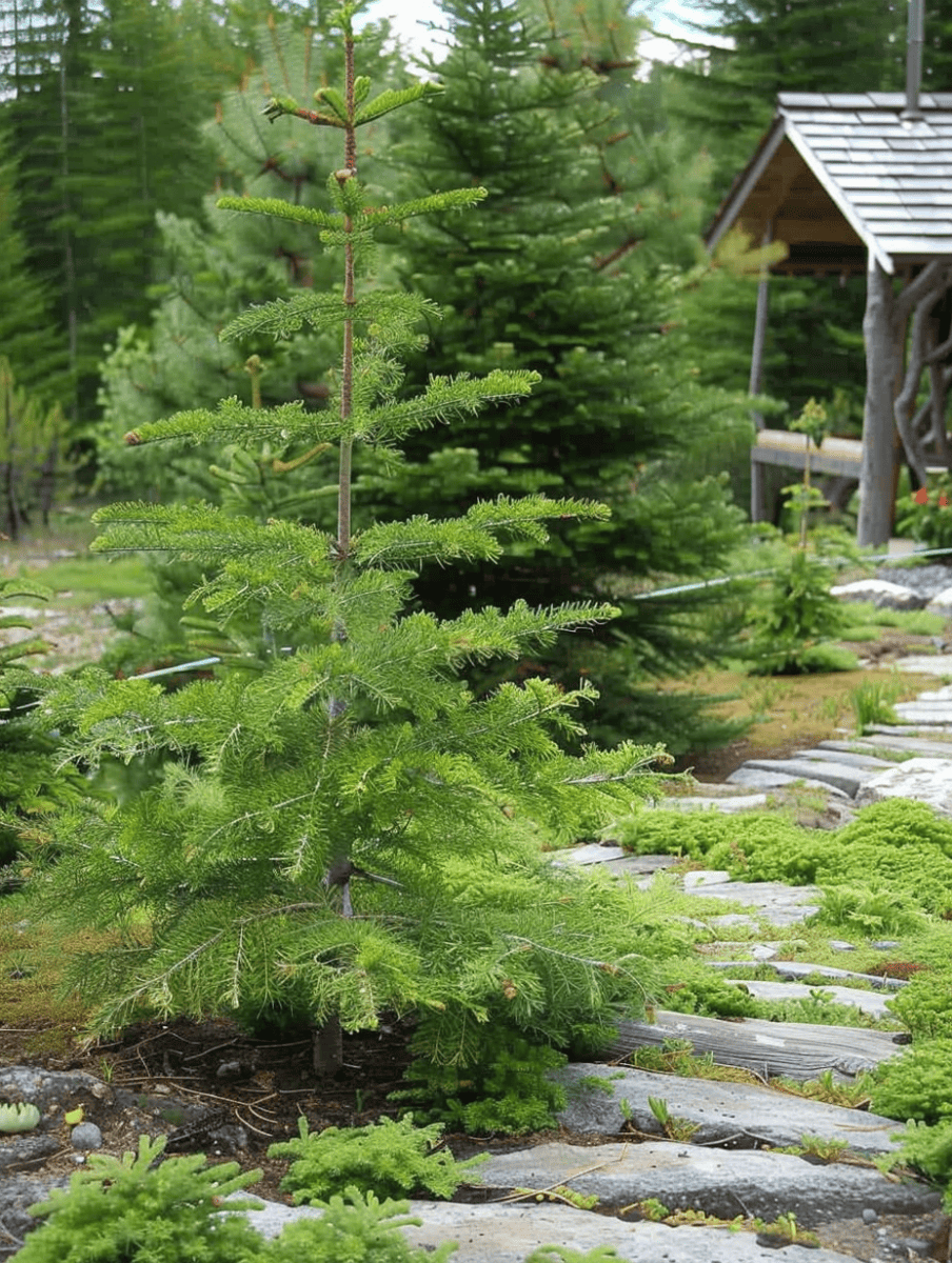 Dwarf Mountain Hemlock in a mountain cabin landscape. Surrounded by a natural stone walkway, with a background of alpine forest ar 3:4