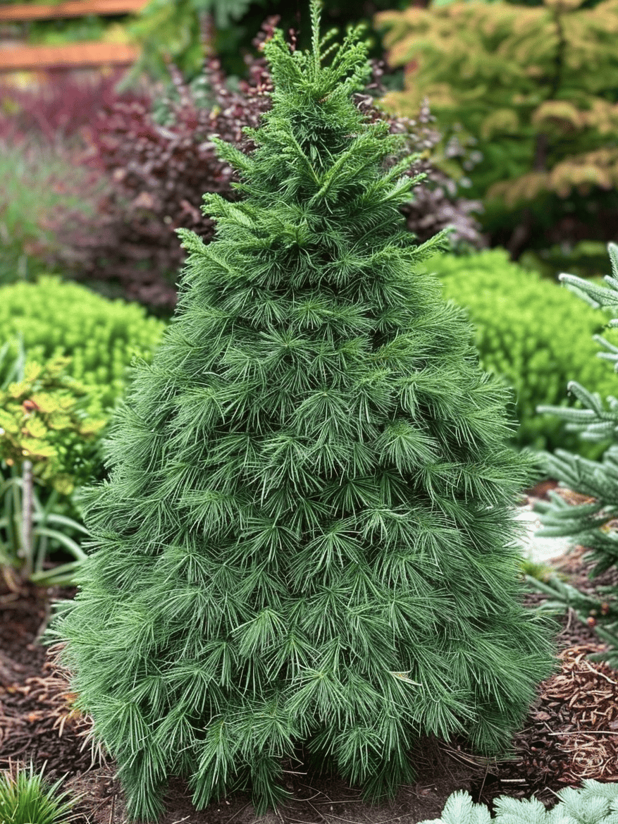 Dwarf Scotch Pine in a lush conifer garden. Surrounded by rich mulch and a variety of dwarf evergreen species ar 3:4