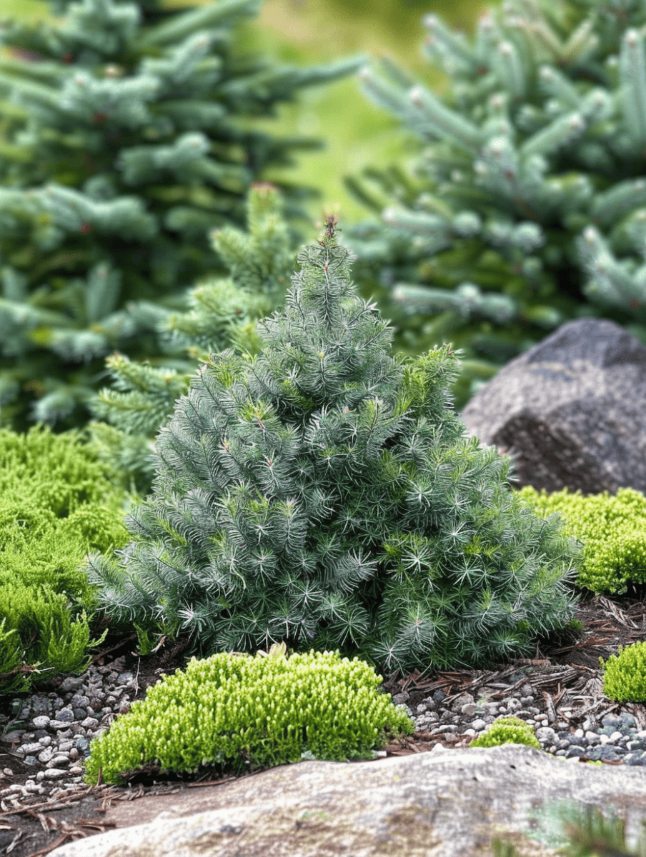 Dwarf Subalpine Fir in a tranquil rock garden. Surrounded by creeping junipers and soft moss groundcover ar 3:4