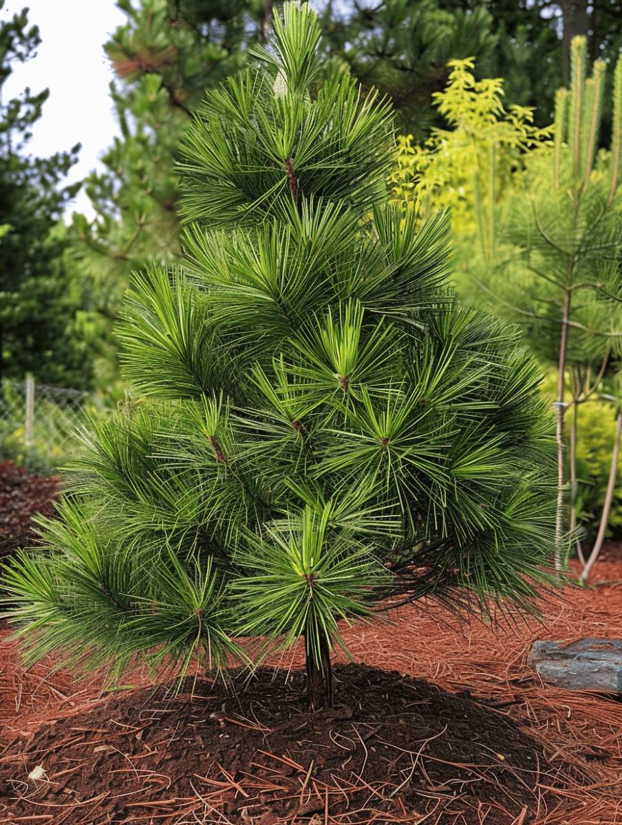 Dwarf Umbrella Pine in a structured garden setting. With freshly laid red mulch and a backdrop of mixed foliage ar 3:4