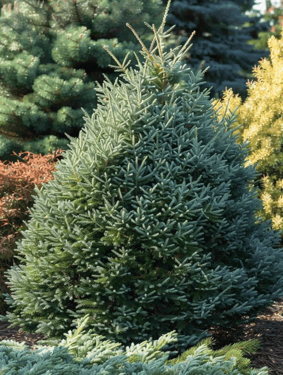 Dwarf White Spruce in a conifer collection garden. Paired with a variety of textures from blue junipers to golden cypress ar 3:4