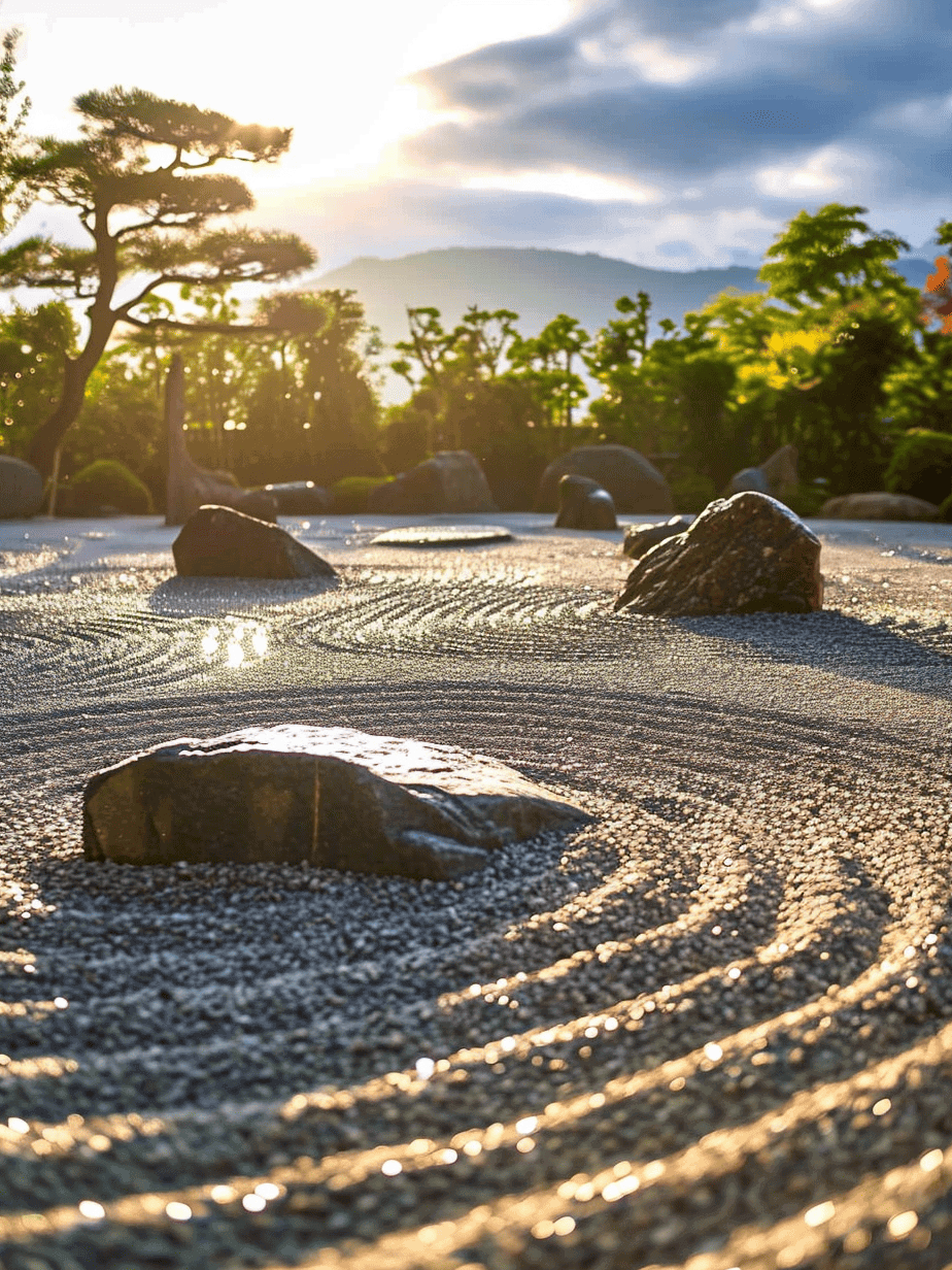 A tranquil Zen garden at sunrise, with raked gravel creating wavy patterns around serene rocks, highlighted by the shimmering golden light, with a backdrop of a solitary pine tree and distant mountains ar 3:4