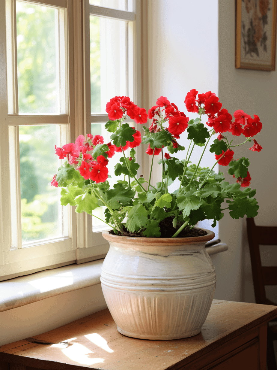 Red geraniums near window in living room