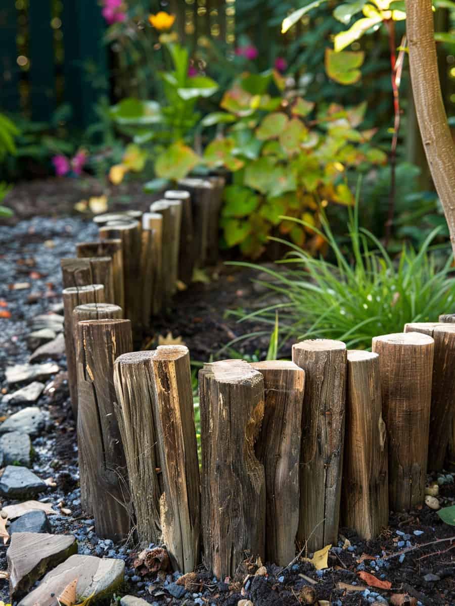 Small logs cut and installed vertically for garden edging