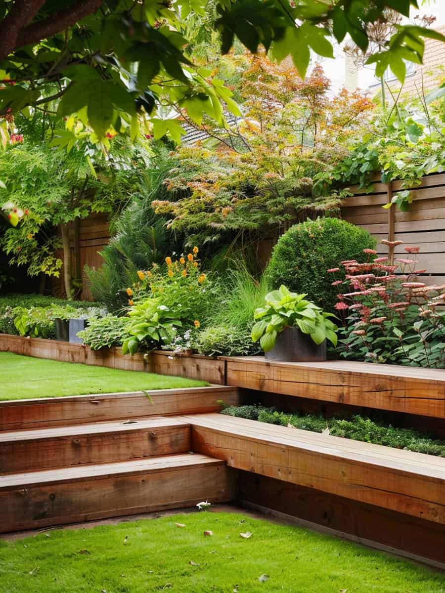 Beautiful garden filled with plants and timber used garden edging