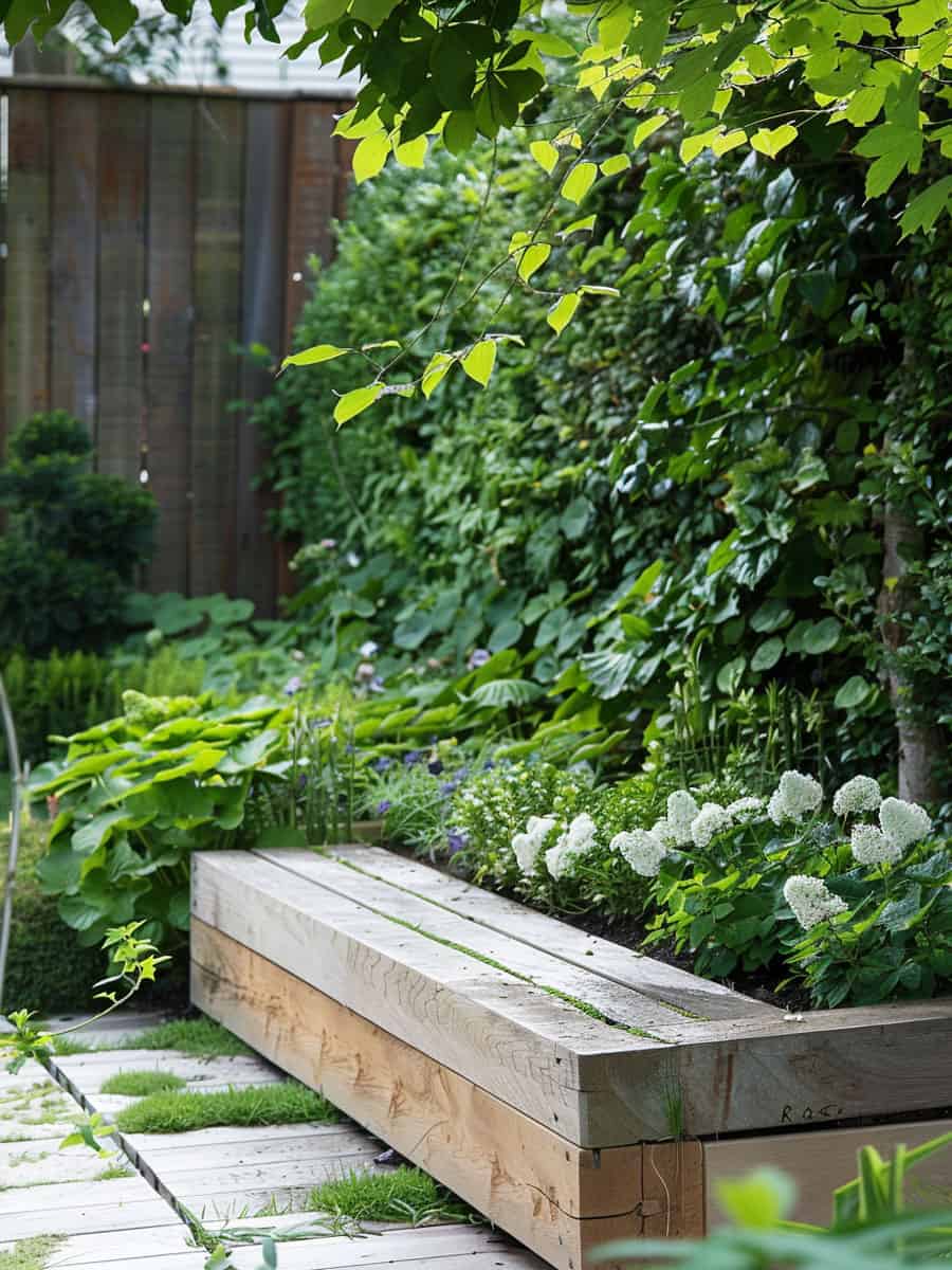 A small garden with a bench 